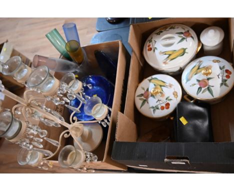 Two boxes of Royal Worcester fruit and vegetable patterned tureens, blue glass dessert dishes and plates, footless champagne 