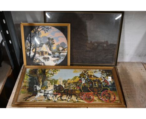 Two tapestry pictures, horse and coach and cottage, and vintage map of Cumberland