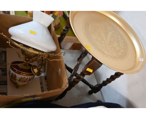 Folding occasional table with metal tray top and brass and ceramic vintage style ceiling hung light fitting