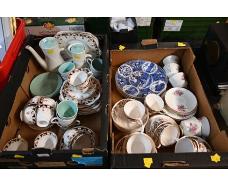 Two boxes of part tea sets, two tone Poole Pottery coffee set and Colclough teaware