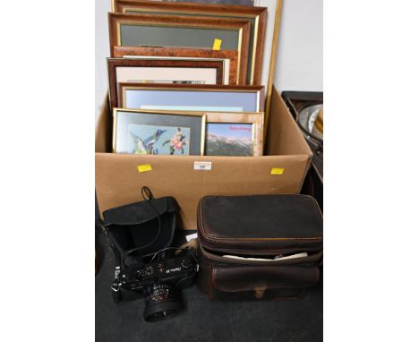 Box of pictures and prints and cased Yashica Electro 35 camera with accessories