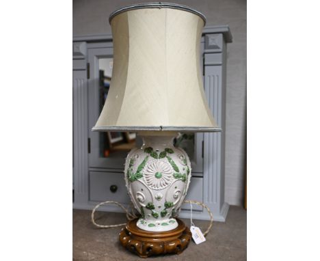 Italian pottery lamp base with shade and wooden stand, 55 cm high