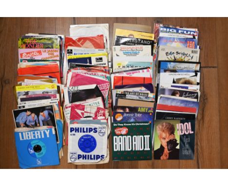 Box of vinyl singles - Billy Idol, Gerry Rafferty, Rolling Stones, George Harrison, Aretha Franklin etc