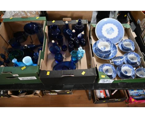 Three boxes of Bristol blue glass and Spode Italian tea cups, saucers, plates etc 