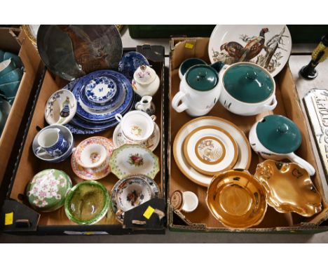 Two boxes of cabinet cups and saucers, blue and white Willow pattern china, Chokin plates, Denby Greenwheat stoneware etc