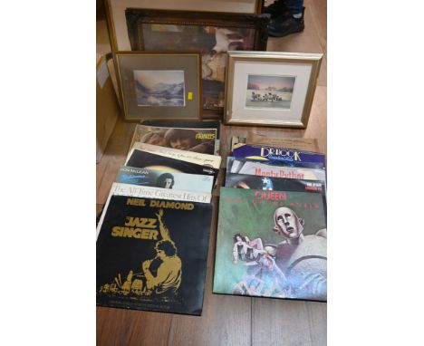 Quantity of pictures and prints and box of vinyl LP's, Queen, Dr Hook, Roy Orbison, Buddy Holly
