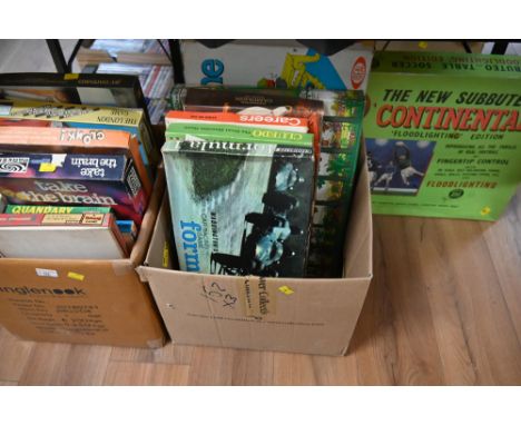 Two boxes of vintage board games, Mousetrap, The Garden Game, Careers, Formula One, Take The Brain, The London Game and Subbu