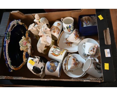 Staffordshire sheep figures, Staffordshire dog, commemorative mugs, cups and saucers and Continental style vase