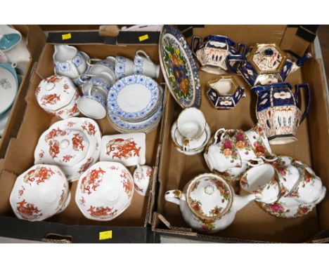 Two boxes of part tea sets, Royal Albert Old Country Roses, Crown Staffordshire Rangoon and Polish blue and white ceramic par