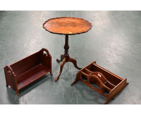 Tripod oval topped occasional table, mahogany book trough and mahogany wall hanging shelf