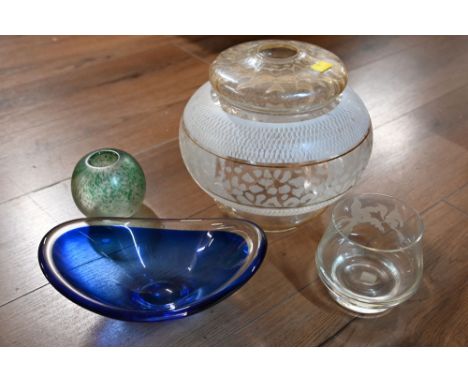 Vintage etched lamp shade and three pieces of Art Glass