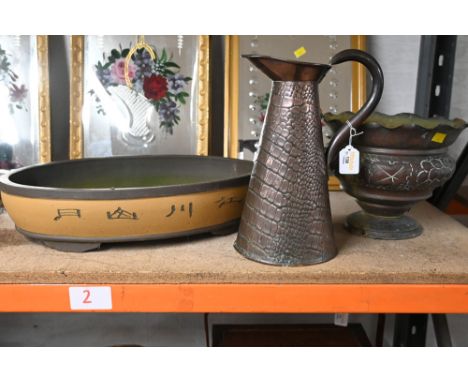 Large pottery bonsai tree planter, 51 cm long, hand beaten metal jug and planter