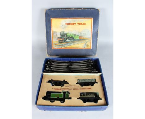 Hornby O Gauge No.201 Tank Goods Set containing Locomotive, Esso Spirit Tanker Wagon, LMS Open Top Wagon, Low sided Wagon wit