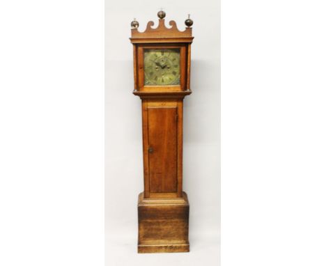 AN 18TH CENTURY OAK LONGCASE CLOCK, with eight-day movement, the engraved square brass dial with subsidiary seconds and date,