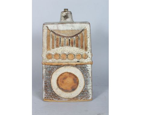 A STUDIO POTTERY LAMP BASE, CIRCA. 1960'S, of tapering slab form with applied decoration. 11ins high.