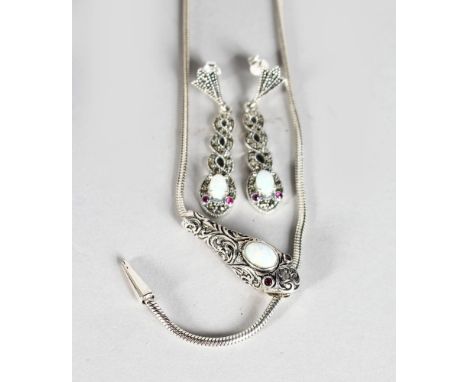 A SILVER OPAL SNAKE NECKLACE AND EARRINGS.