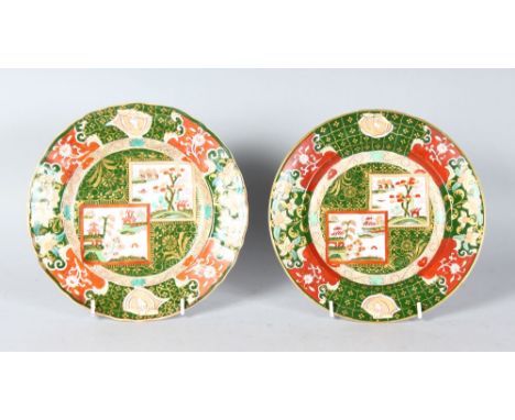A PAIR OF ASHWORTH REAL IRONSTONE JAPANNED PLATES. 8.5ins diameter.