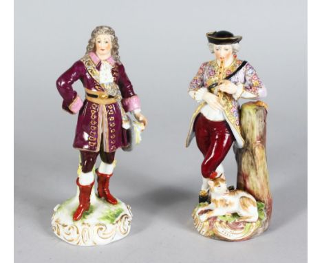 TWO MEISSEN PORCELAIN FIGURES OF A DANDY with sword and plumed hat, and another with a young man playing a pipe, a dog by his