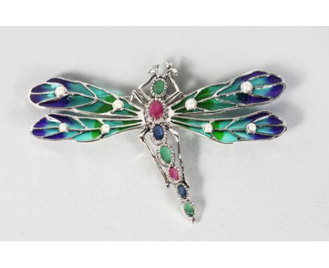 A SILVER, PLIQUE ENAMEL, RUBY, SAPPHIRE AND PEARL DRAGONFLY BROOCH.