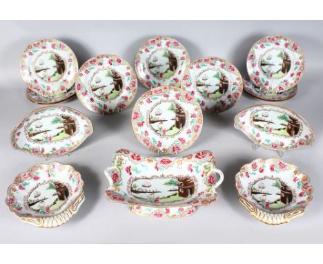 A SPODE COPELAND IRONSTONE CHINESE PATTERN SERVICE, comprising two oval dishes, two shell dishes, comport and tea plates, eac