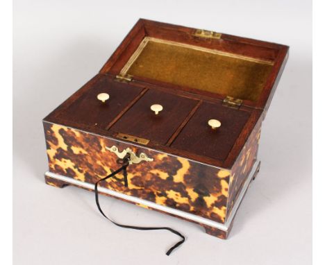 A GOOD FAUX TORTOISESHELL THREE DIVISION TEA CADDY on bracket feet. 9ins long.