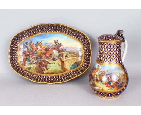 A SUPERB PAIR OF 18TH CENTURY SEVRES JUG AND BASIN, painted with battle scenes, dated 1503, the jug with blue and white fleur