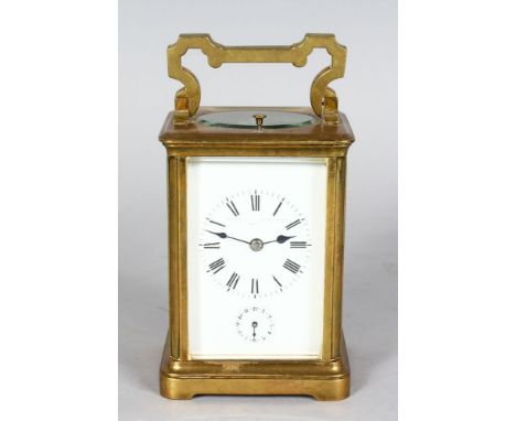 A 19TH CENTURY FRENCH BRASS REPEATER CARRIAGE CLOCK with alarm. 5ins high.