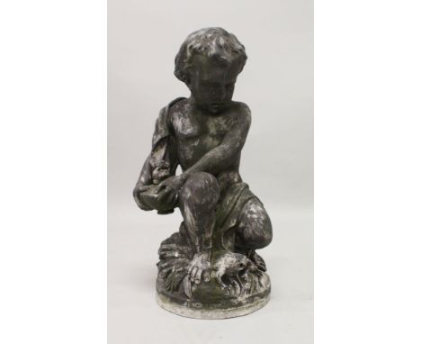 A LEAD GARDEN FOUNTAIN, PROBABLY 19TH CENTURY, modelled as a seated cherub, holding a lamp with a frog at its feet. 2ft 1ins 