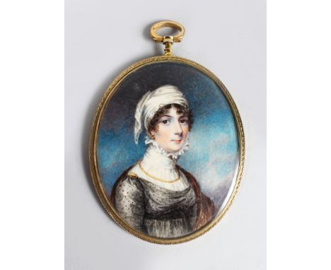 A GOOD OVAL PORTRAIT OF A LADY, wearing a white head scarf, large lace collar, a gold chain and black lace dress, signed on t