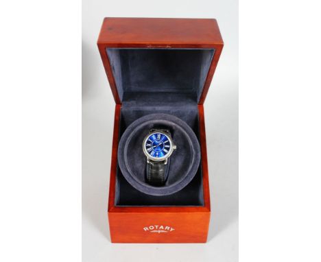 A ROTARY ELITE LIMITED EDITION WATCH, 55/500, automatic with blue face, in a presentation box.