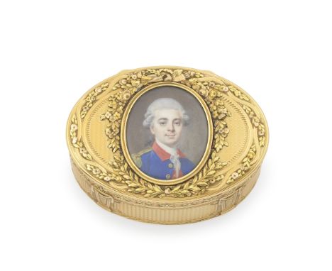 Boite en or de plusieurs tons, à miniature sur ivoire figurant un officier, Henry Bodson, Paris 1772 A gold and enamel mounte
