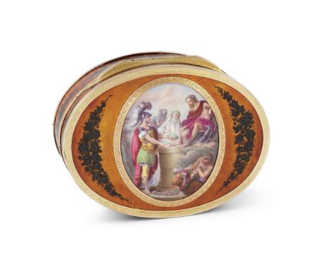 Boite en or et vernis Martin, doublée écaille, à miniature émaillée représentant une scène d'offrande à l'antique, Paris 1778