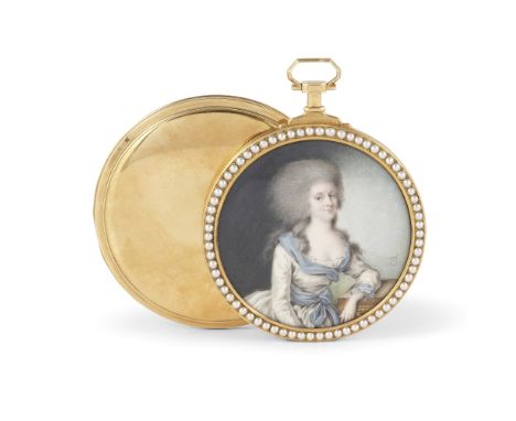 Miniature sur ivoire figurant une femme vers 1780-1785, dans un médaillon ouvrant en or et demi-perles, fin XVIIIe-début XIXe