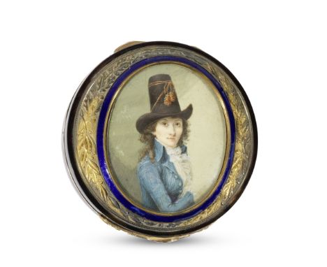 Boite en écaille, émail et or, à miniature sur ivoire signée Tileker A tortoiseshell and gold box, the portrait miniature sig
