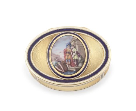 Boite en or et émail, à miniature émaillée représentant Le départ de Télémaque d'Egypte, Hanau vers 1780A gold and enamel mou