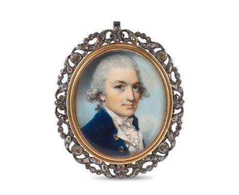 Miniature sur ivoire figurant John Dyer Collier par George Engleheart vers 1775, dans un médaillon en or, argent et diamants,
