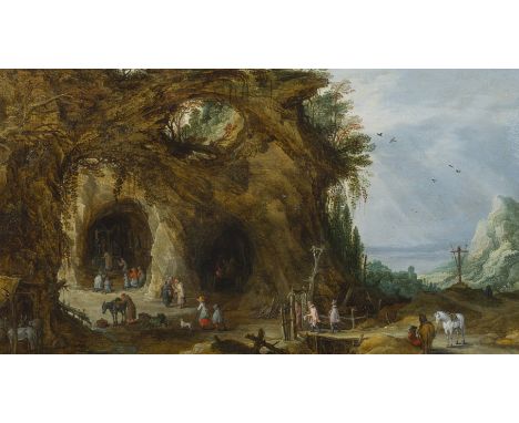 Joos de Momper (Anvers, 1564-1635) et Jan Brueghel Le Vieux (Bruxelles 1568-1635 Anvers)Grotte avec service religieux et vue 