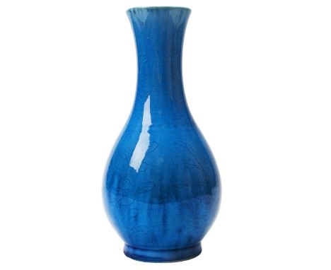 TURQUOISE-GLAZE BALUSTER VASE  QING DYNASTY, 19TH CENTURY incised with blossoming stems, apocryphal Kangxi six character mark