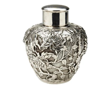 FINE SILVER EXPORT 'CHRYSANTHEMUM AND BUTTERLIES' TEA CADDY LUEN HING, SHANGHAI, LATE QING DYNASTY&nbsp; the ovoid sides fine