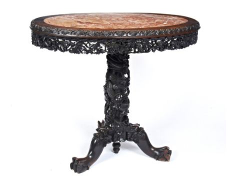 FINE CARVED 'ZITAN' MARBLE INSET CONSOLE TABLE  QING DYNASTY the oval top inset with a marble panel, the frieze carved with f