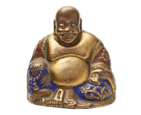 GILT-COPPER ALLOY AND ENAMEL 'LAUGHING' BUDDHA QING DYNASTY the seated figure with a joyful expression, wearing a long robe o