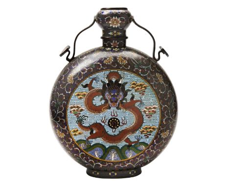 FINE CLOSOINNE ENAMEL 'DRAGON' MOONFLASK&nbsp; QING DYNASTY, 19TH CENTURY the garlic mouth flask with twin ruyi-form handles,