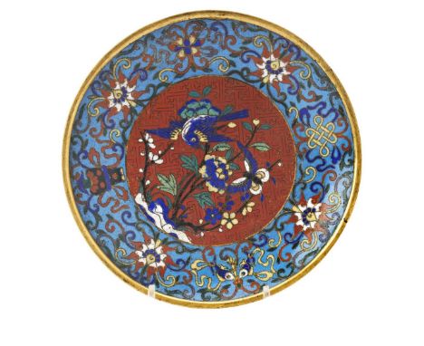 CLOISONNE ENAMEL DISH QING DYNASTY, 18TH CENTURY centrally decorated with a bird and butterfly amongst blossom stems, within 