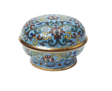 SMALL CLOISONNE ENAMEL 'LOTUS' BOX AND COVER  QIANLONG FIVE CHARACTER MARK AND OF THE PERIOD the rounded sides rising from a 