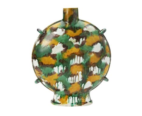 SANCAI-GLAZED MOONFLASK&nbsp; KANGXI PERIOD&nbsp; the flattened ovoid sides&nbsp;freely splashed with yellow, aubergine, whit