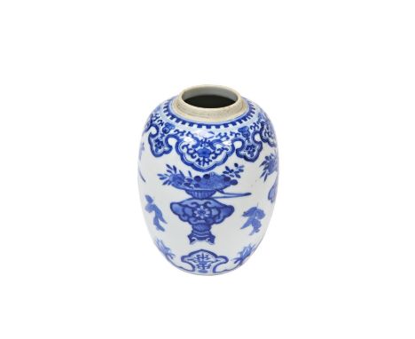 SMALL BLUE AND WHITE GINGER JAR  KANGXI PERIOD the sides painted in tones of underglaze blue with flowering urns 14cm high 