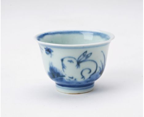 BLUE AND WHITE 'HARE' WINE CUP CHENGHUA FOUR CHARACTER MARK BUT KANGXI PERIOD painted in tones of underglaze blue with a hair