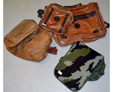 3 X LEATHER HOLD ALLS & CAMOUFLAGE AMMUNITION BAG     
