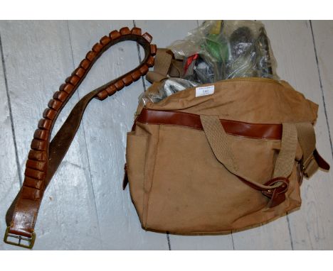 FISHING/HUNTING BAG, 2 SHOTGUN CARTRIDGE BELTS, 3 DUCK DECOYS & BUDWEISER SHOOTING SIGN     