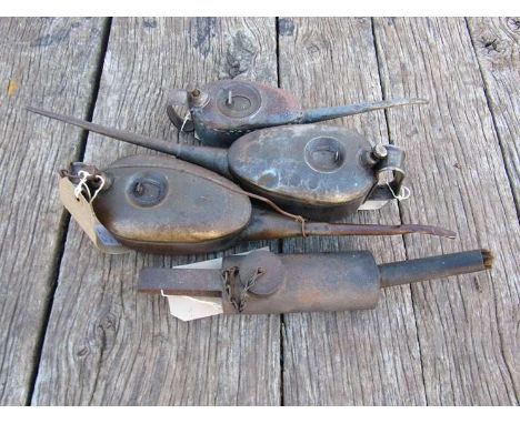 Three various sized oil dispensers and a long burning ignition lamp (4) 